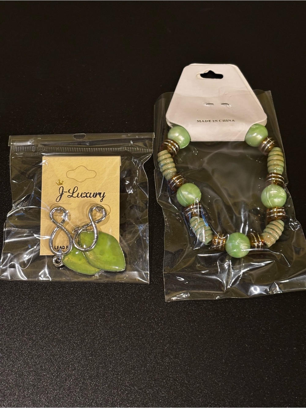 Green Bead Bracelet and Leaf Charm Earrings Set